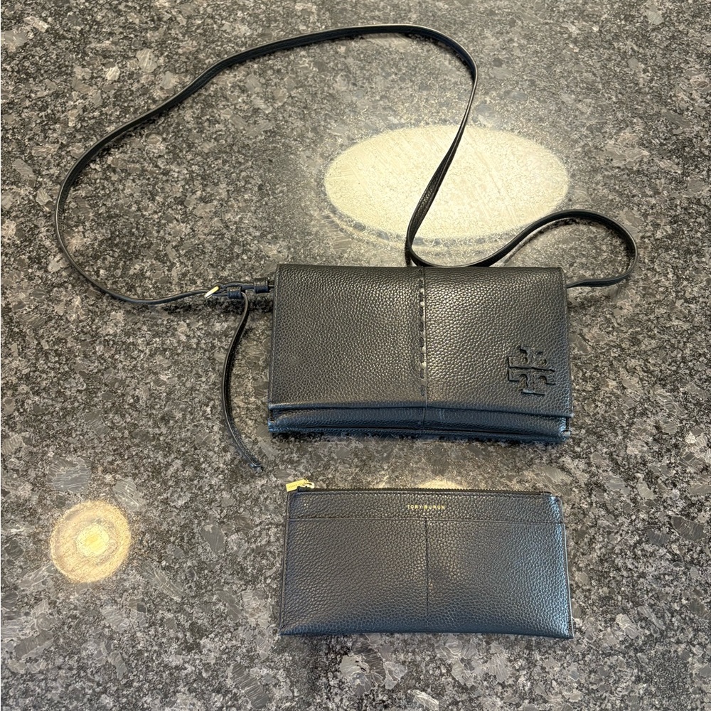 Tory Burch McGraw Black Leather Crossbody Bag and wallet